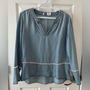 Striped Blue Women's Flared Sleeve Cutout Detail Top